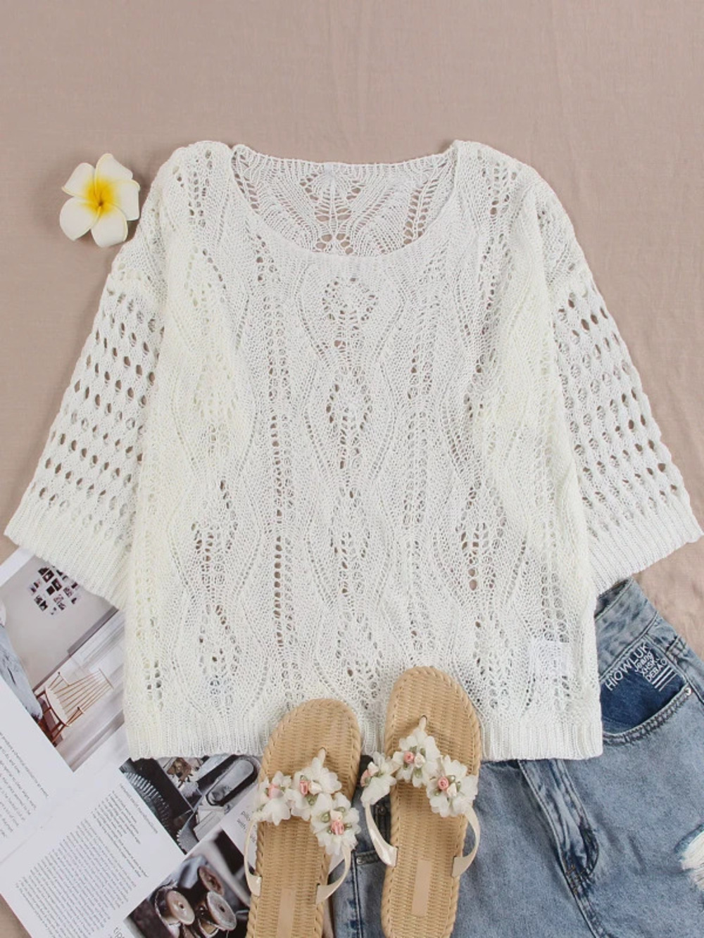 Sexy Knit Hollow Out Long Sleeve Crew Neck Bikini Cover Up Beach Sun Protection
